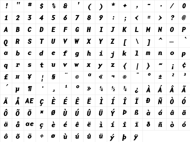 BaseMono Bold Italic  glyph index