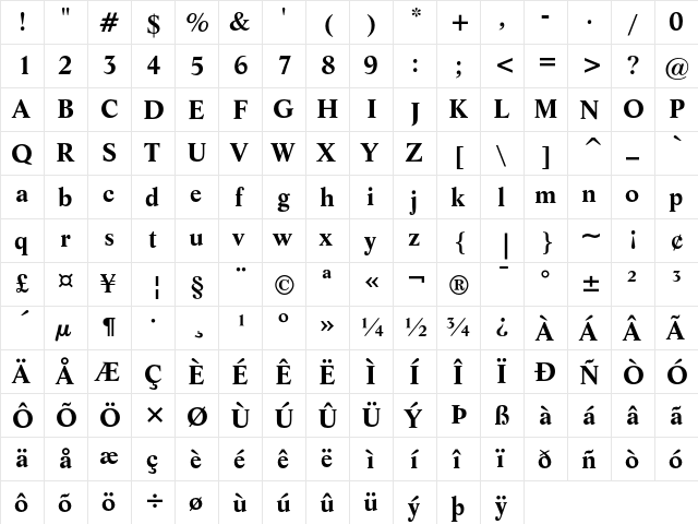 Life Bold  glyph index