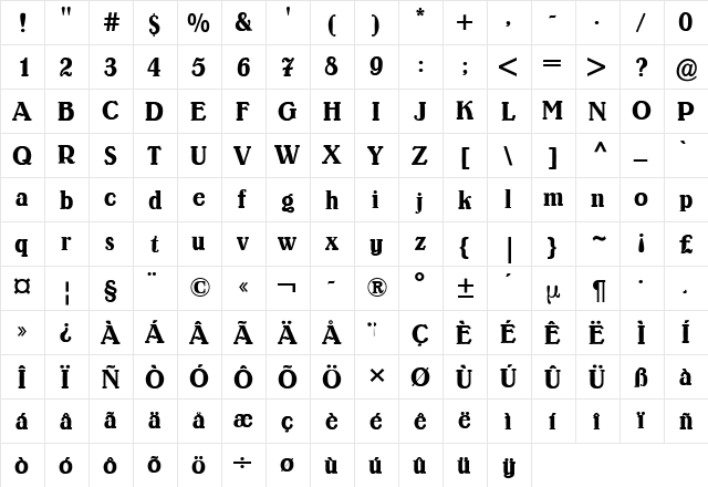 Lo-Type BQ Regular  glyph index