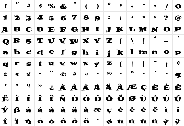 Latino Samba  glyph index