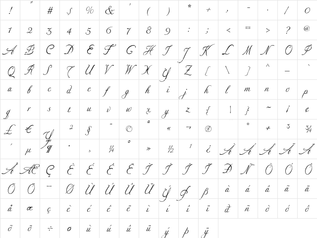 NadineScriptExtra Regular  glyph index