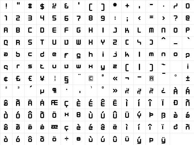 Designer Block Regular  glyph index