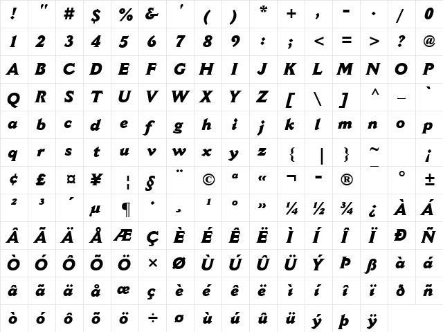 Cantoria MT ExtraBold Italic  glyph index