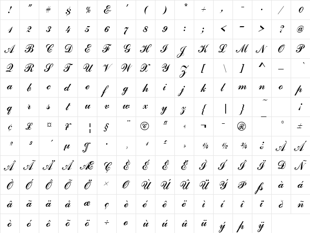 Commercial Becker Script Regular  glyph index