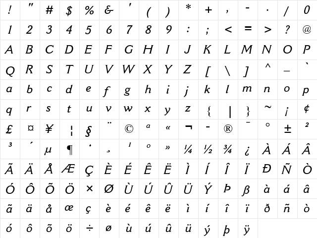 Cantoria MT Semibold Italic  glyph index