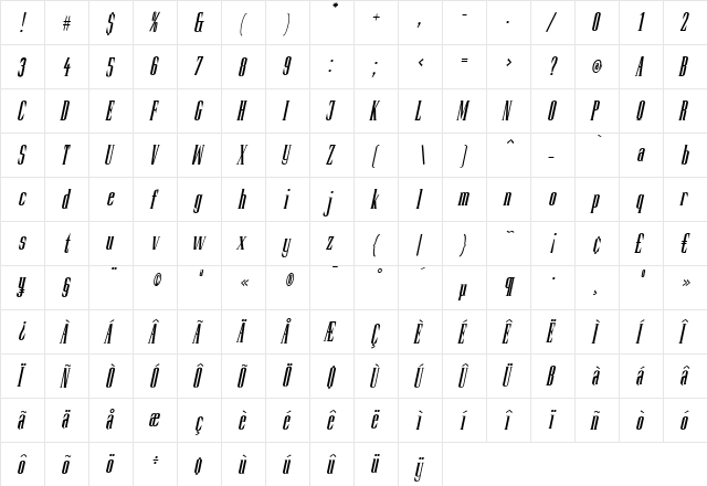 Slim Kim Bold Italic  glyph index