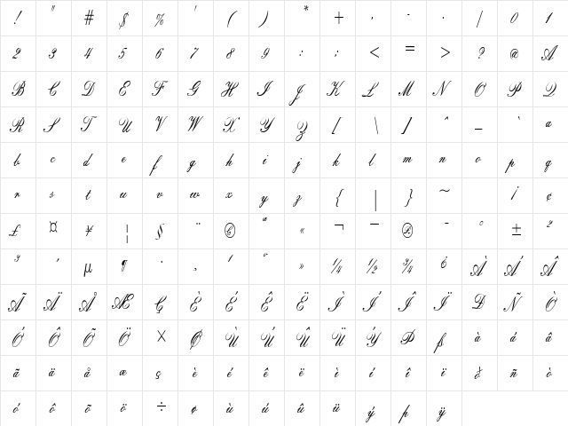 EmpireScriptCondensed Regular  glyph index