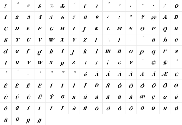 Hellowin Italic Regular  glyph index