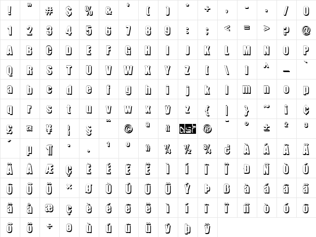 Billboard Shadow Regular  glyph index