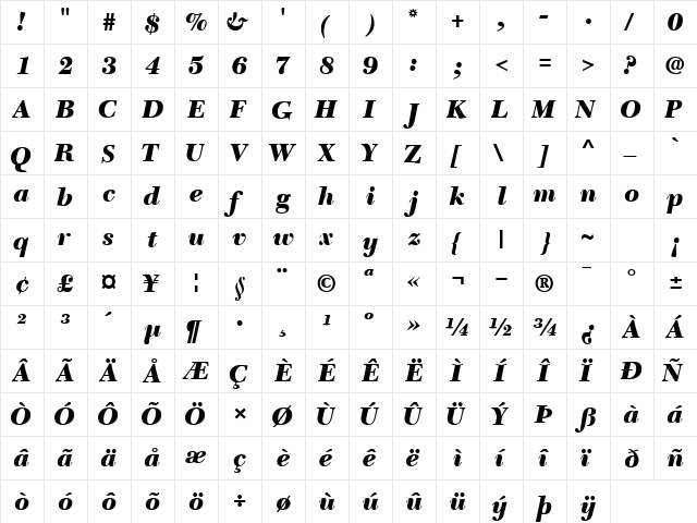 TycoonBlackSSK Bold Italic  glyph index