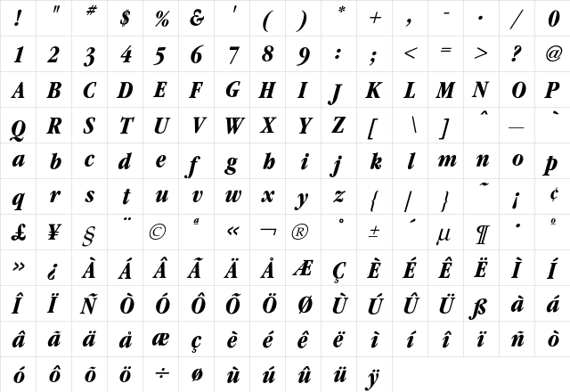 Garamond CondBoldItalic  glyph index