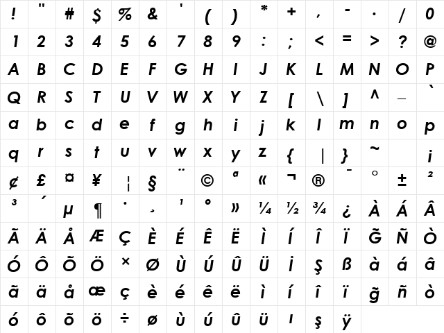 TR Century Gothic Bold Italic  glyph index