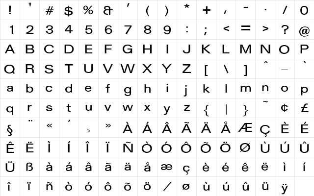 JerseyMediumExpanded Regular  glyph index