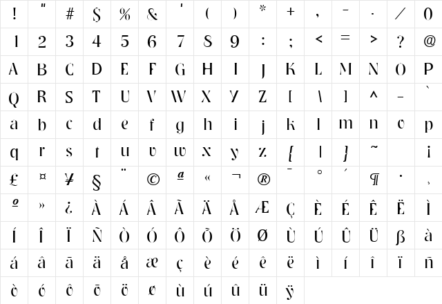 Tennessee Light SF Regular  glyph index