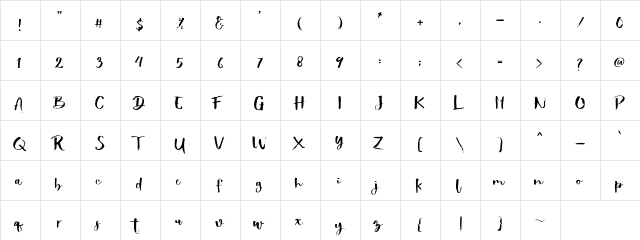 Showety Brush Regular  glyph index