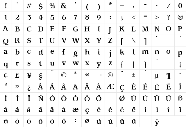 Usherwood Bold  glyph index