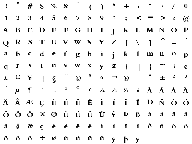 Aldine 401 Bold  glyph index