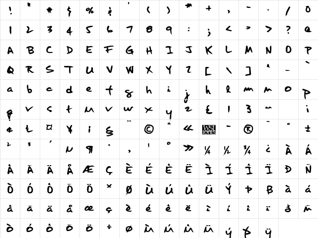HaleysHand Bold  glyph index