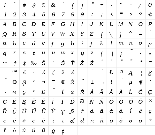 BookmItcTEELig Italic  glyph index