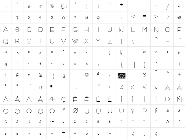 FastracFashion Regular  glyph index