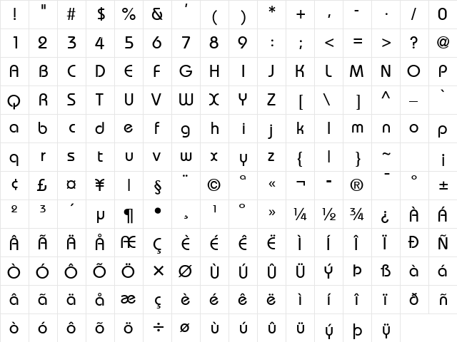 Bimini Normal  glyph index