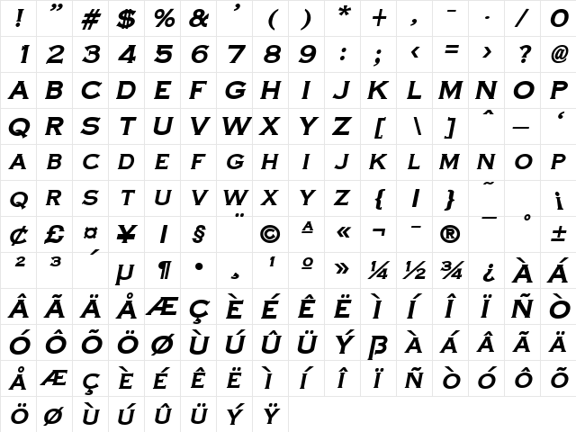 CopperPlateCondensed Bold-Italic  glyph index