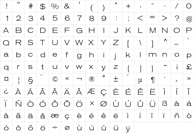 Akzidenz-Grotesk Extended BQ Regular  glyph index