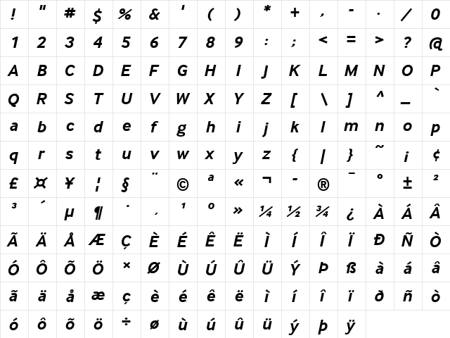 InterFace DaMa Bold Italic  glyph index