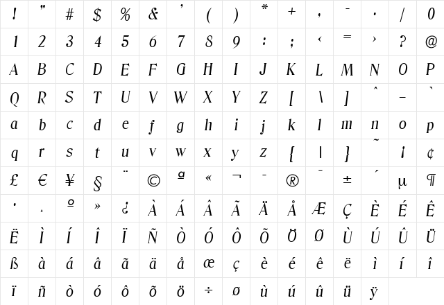 ThomasBecker Italic  glyph index