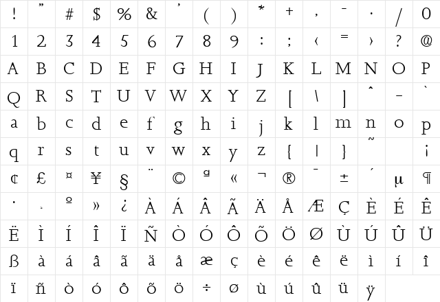 Jessica-Serial-Light Regular  glyph index