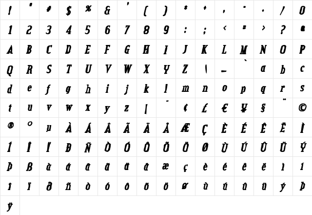 Credit Valley Ink Italic  glyph index