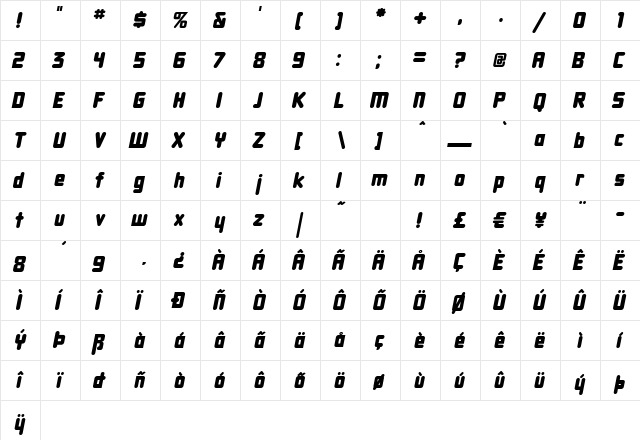DBXLNightfever Italic  glyph index