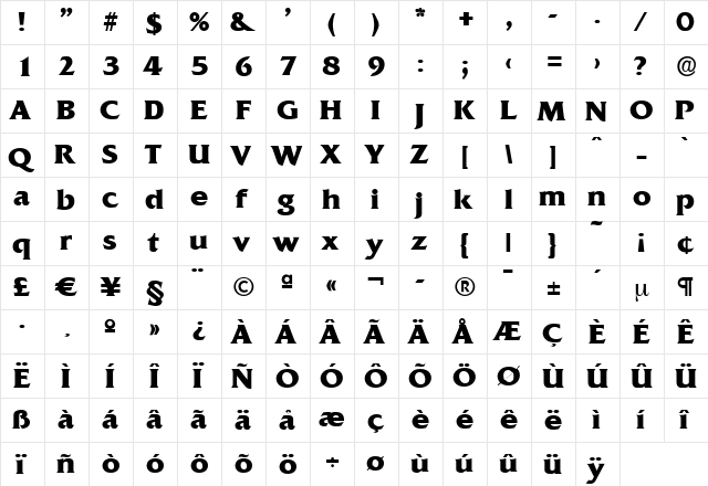 DennisBecker-ExtraBold Regular  glyph index