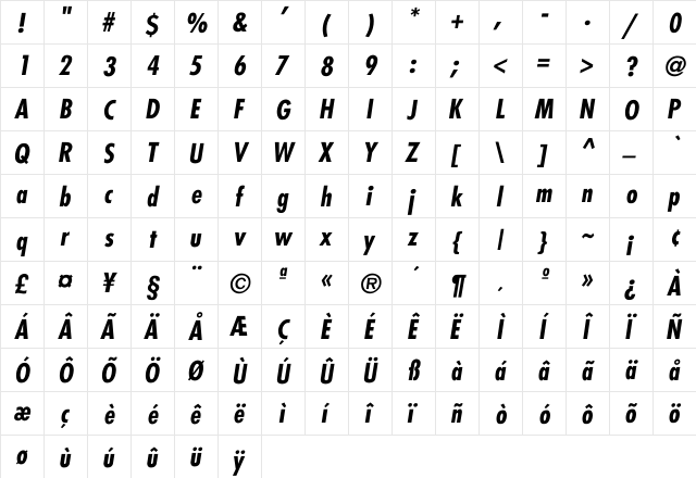 Futura-Condensed-BoldItalic Regular  glyph index