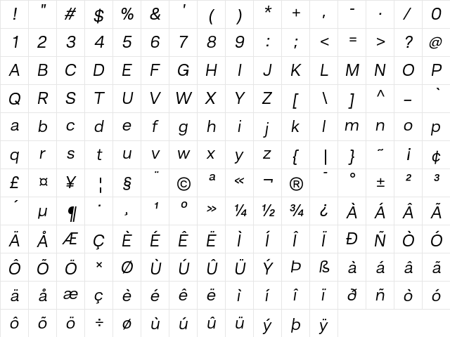 Hando Trial Italic  glyph index