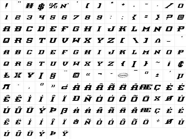 Interceptor Expanded Italic Expanded Italic  glyph index