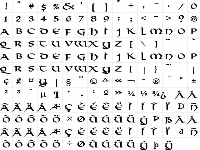 Valhalla Wide Bold  glyph index