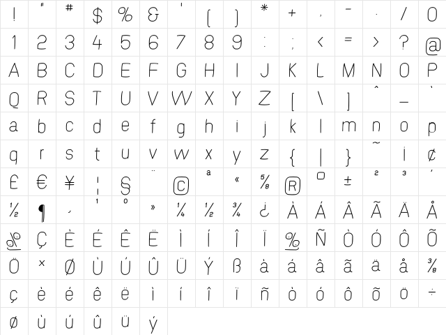 SwinginSansL ExtraLight  glyph index