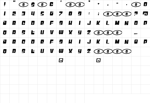 Slickdawg Regular  glyph index
