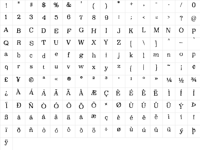 Oxeran Regular  glyph index