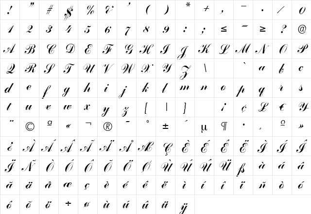 CommercialScriptTwo Regular  glyph index