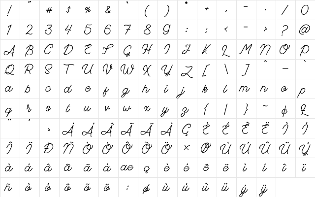 Fad Script Regular  glyph index