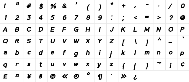 MadeynSans Bold Italic  glyph index