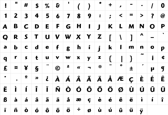 HighlanderEF Bold  glyph index