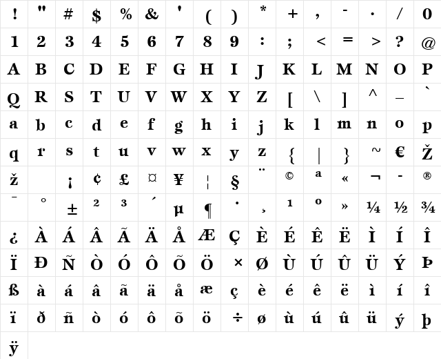 Esprit LT Book Bold  glyph index