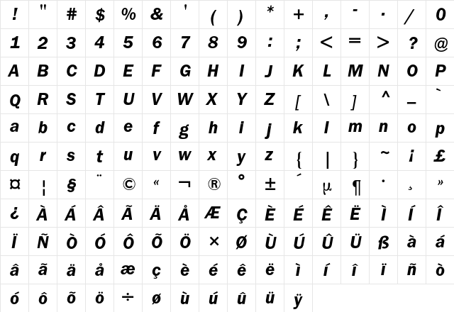 Franklin ITC BQ Regular  glyph index