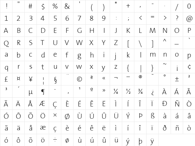 TheSans Regular  glyph index