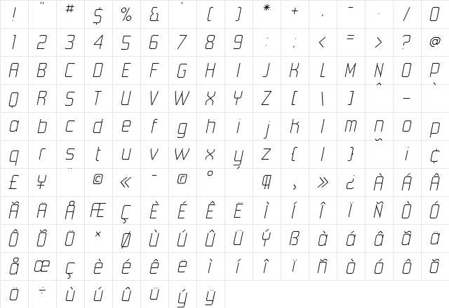 45degrees UltraLight Italic  glyph index