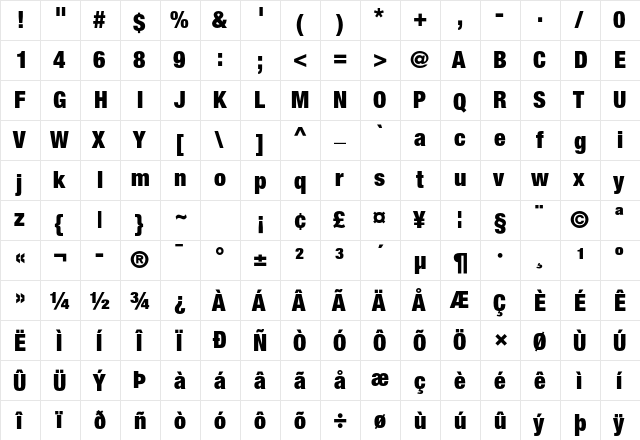 Helvetica Neue LT Std 97 Black Condensed  glyph index