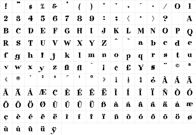 Raskin Heavy  glyph index